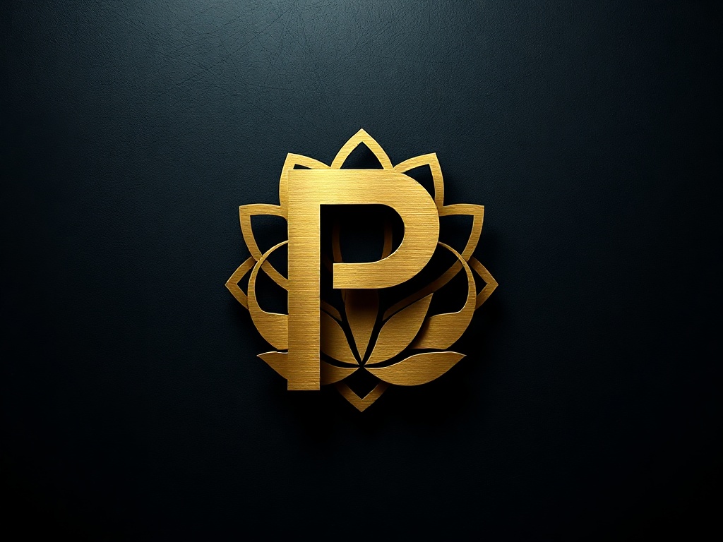 Geometric logo: a stylized 'P' intertwined with a lotus, rendered in brushed gold on a textured dark background. Photorealistic, 8K, commercial photography style.
